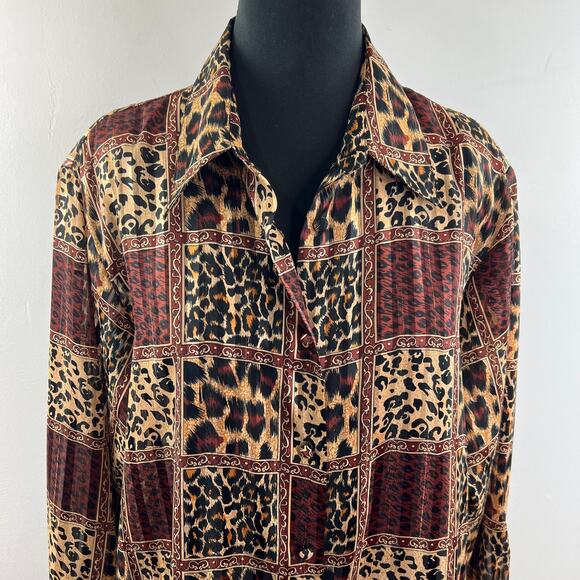 VINTAGE Yves St. Clair Button Down Shirt Top Leopard Print Long Sleeves Size 16 - Picture 3 of 9